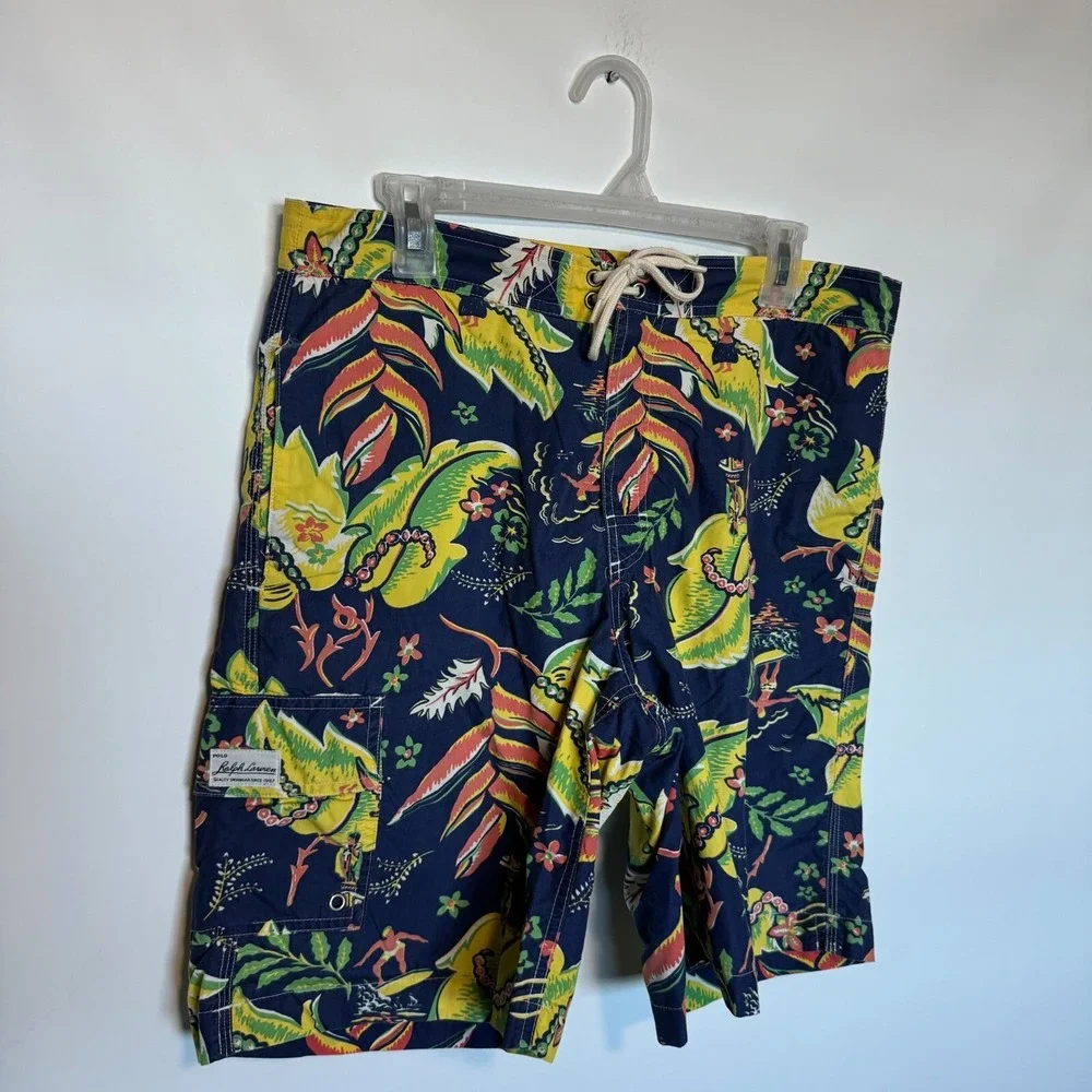 Polo Ralph Lauren Swim Trunks Mens Small Navy Hawaiian Beach Shorts Tropical 9